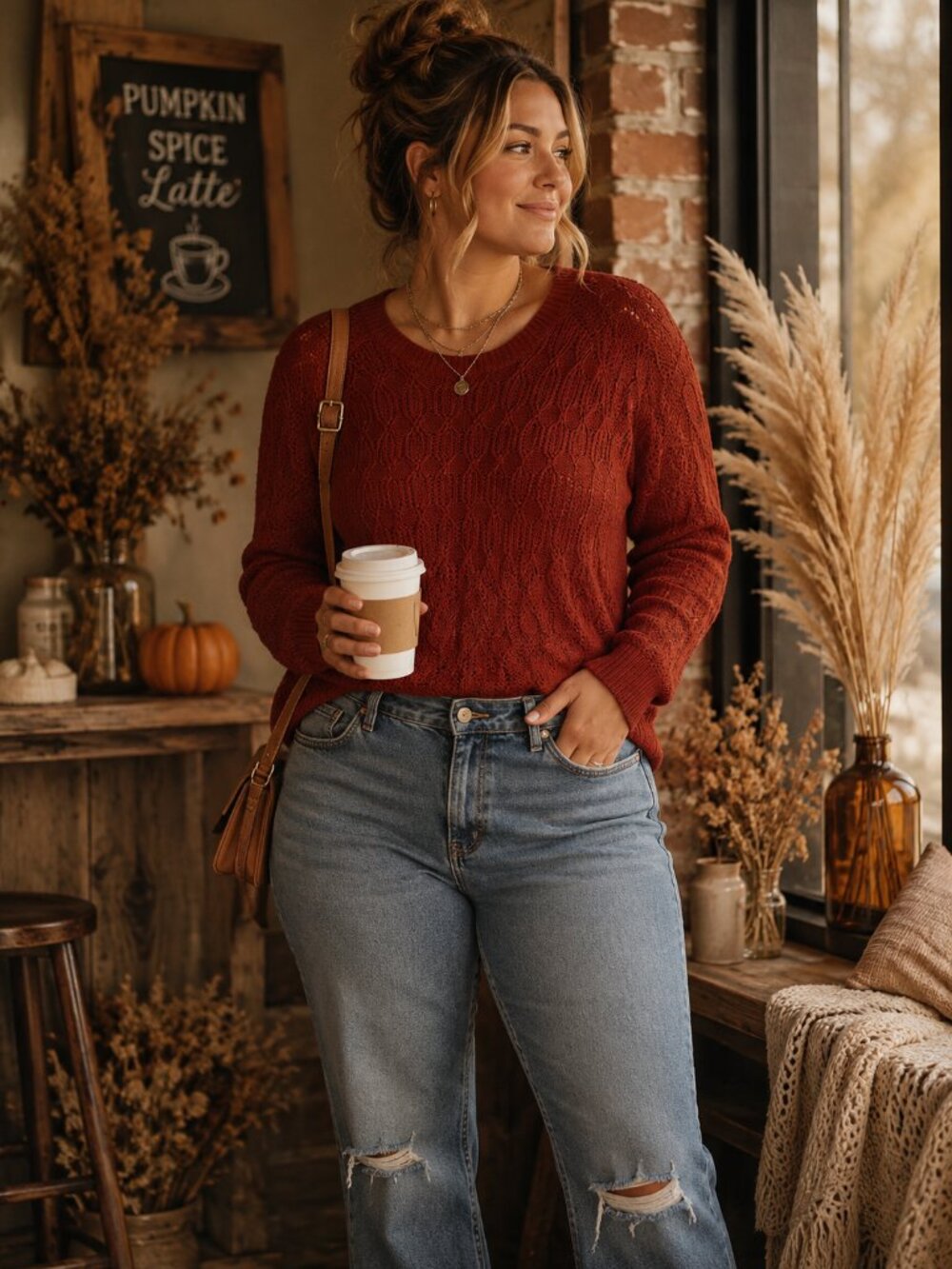 Pumpkin Spice Rust Orange Open Knit Sweater